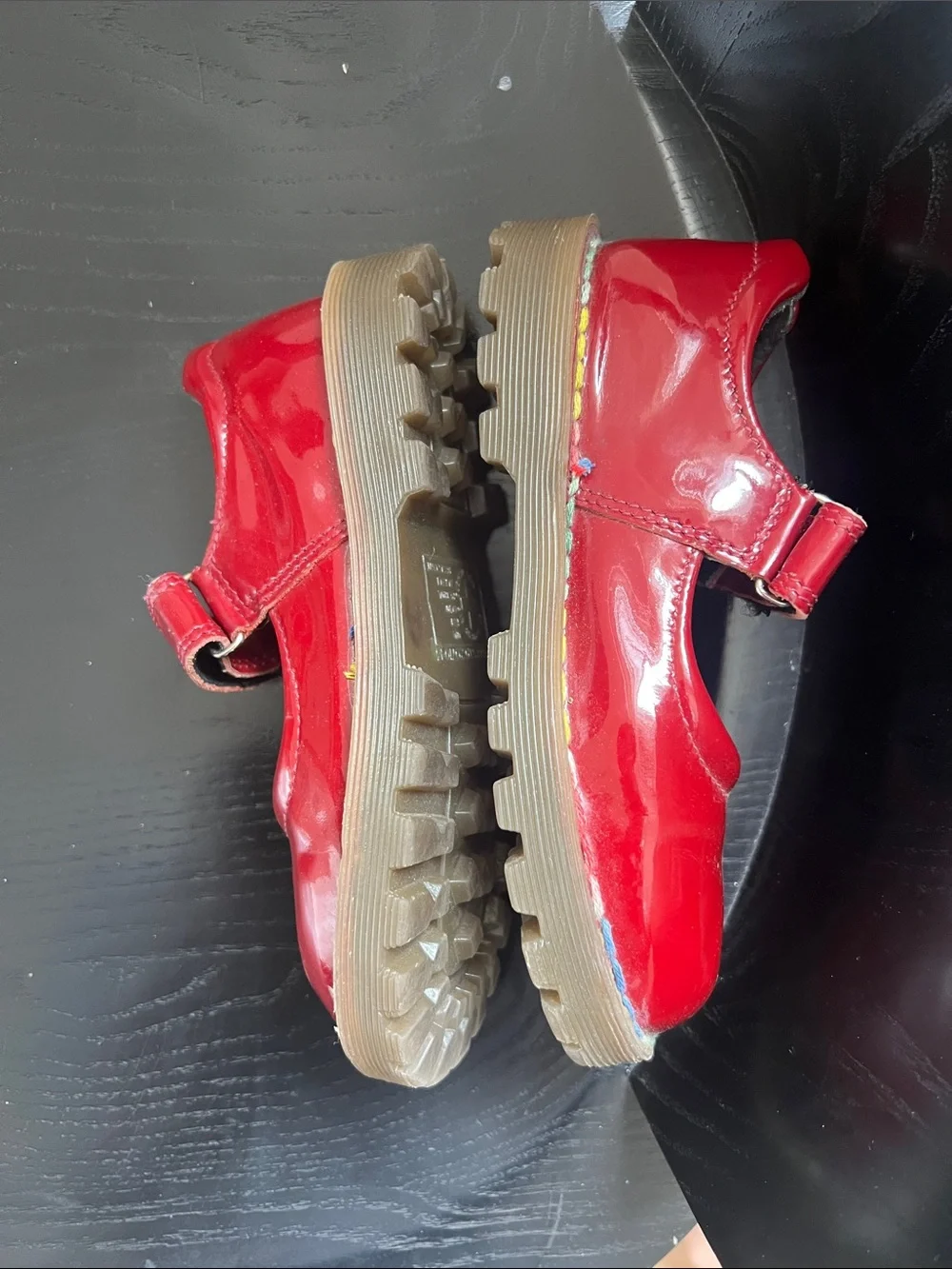 Dr. Martens Mary Jean Kids Glossy Red Mary Jane Shoes with Rainbow Welt sz 10